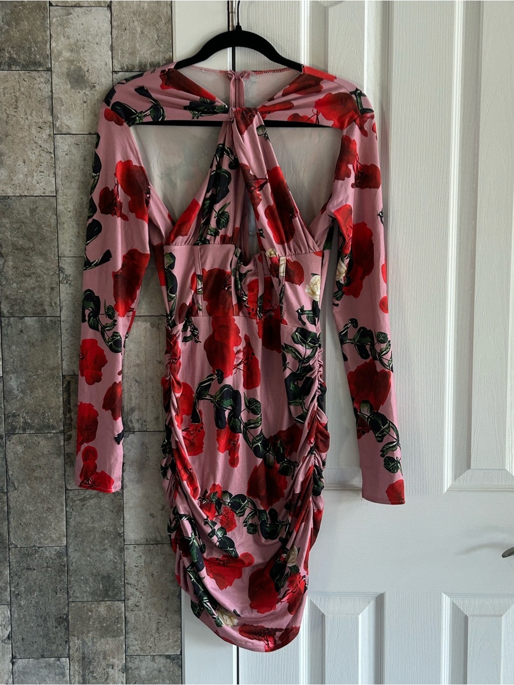 Pink Floral Ruched Long-Sleeve Dress